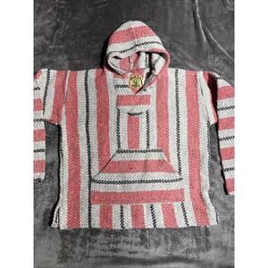 Drug Rug Mexican Baja Joe Woven Striped Hoodie Pullover With Kangaroo Pocket L